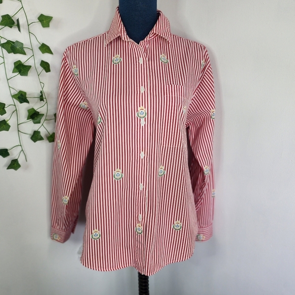Talbots Red White Stripe with Emblem Design Button Down Shirt Size M - Picture 1 of 9